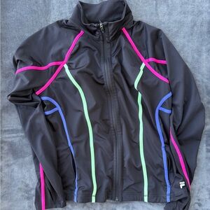 FILA Women’s Black Zip-Up Workout Jacket with Pink, Green & Blue Neon Piping